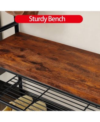 Hall Tree Shoe Bench, 4-in-1 Industrial Entryway Storage Bench with 8 Sturdy Hooks, Freestanding Coat Rack for Small Spaces, Apartments, Retro Brown