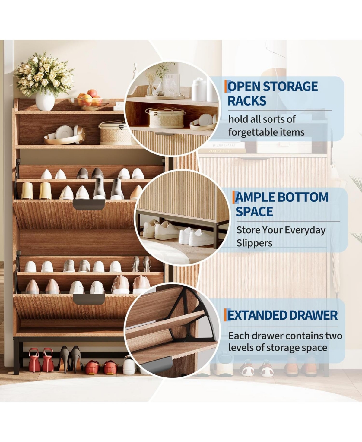 gaomon Fluted Shoe Cabinet Storage for Entryway, Wood Shoe Rack with 2 Flip Drawers and Open Shelf, Modern Entryway Organizer for Foyer, Hallway, Natu