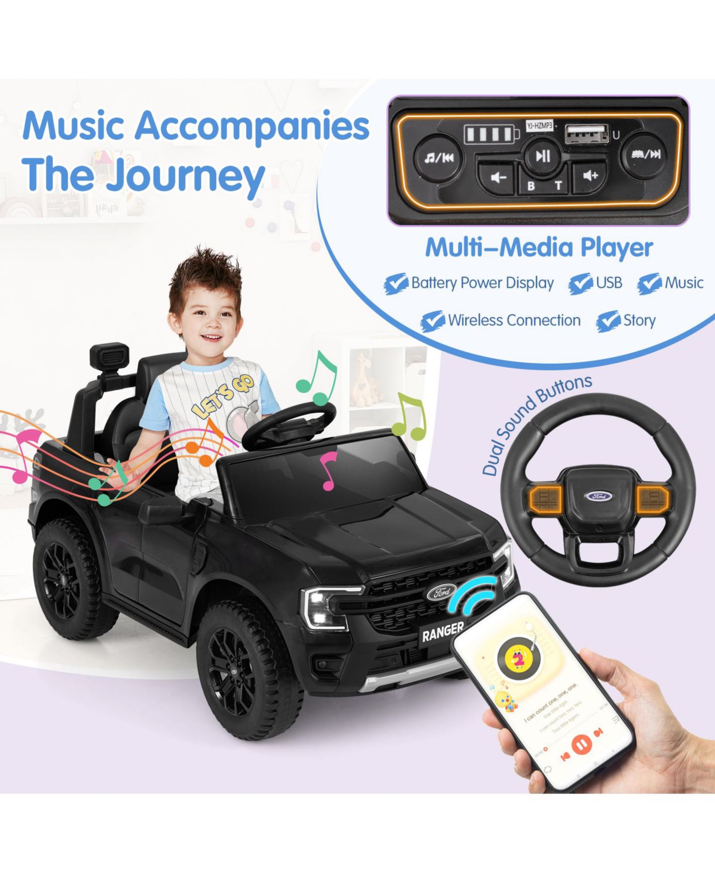 Детская игрушка HONGGE Licensed Ford Ranger 41.5"L x 25"W x 24"H 12V Remote Control Ride-On Car, 1-Seat, Ages 3-7, цвет: Чёрный — фото 11