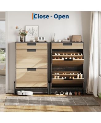 Shoe Storage Organizer with 2 Flip Drawers and 1 Drawer, Freestanding Narrow Shoe Rack, Shoe Storage Organizer with 3-Tier Adjustable Shelves, Oak