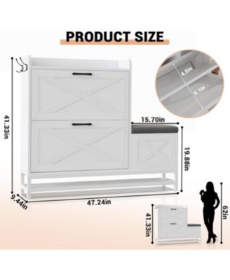 Shoe Cabinet with 2 Flip-Drawers & Storage Bench, Farmhouse Wood Freestanding Shoe Rack with 2 Hooks & Bottom Shelf, White