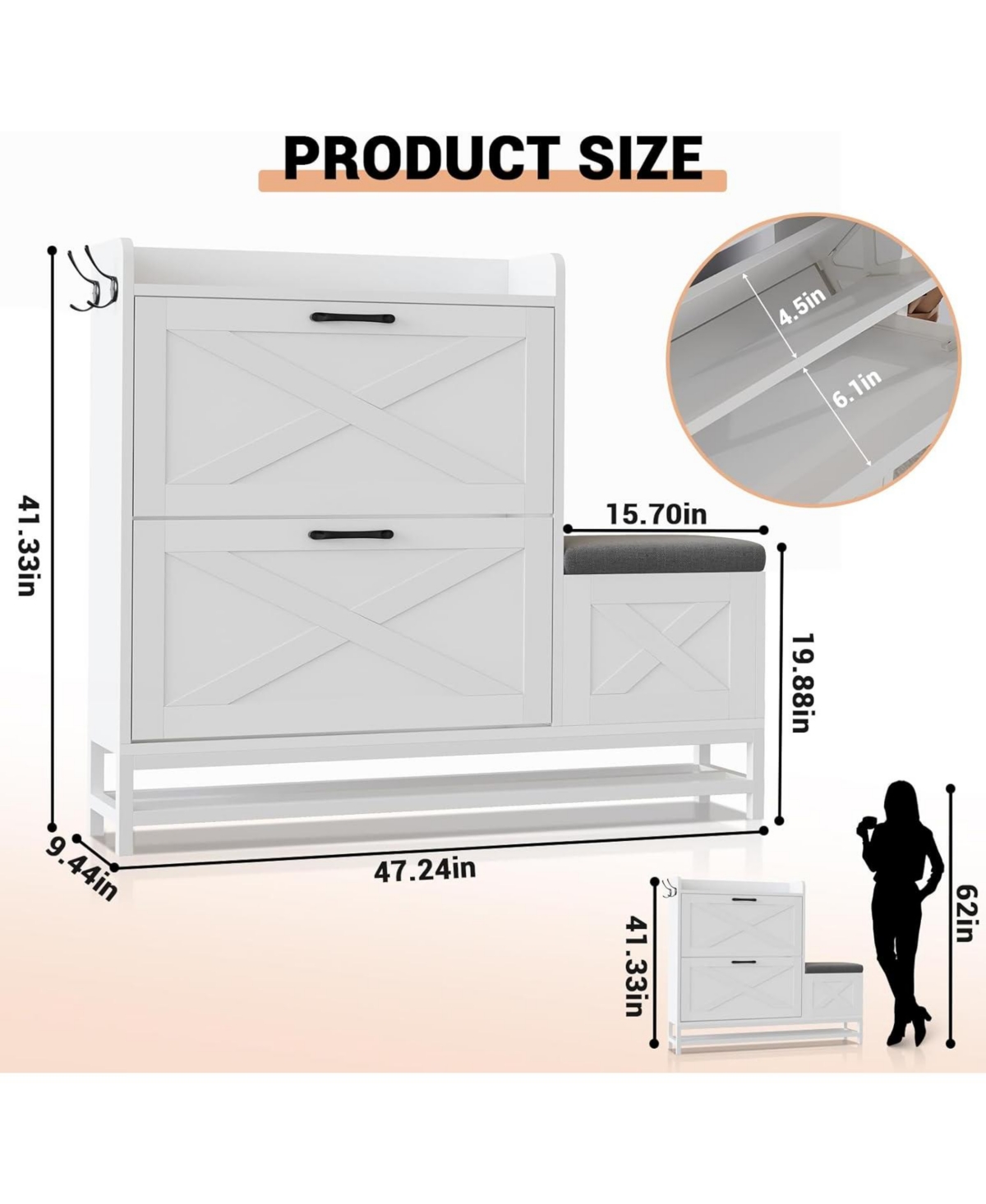 gaomon Shoe Cabinet with 2 Flip-Drawers & Storage Bench, Farmhouse Wood Freestanding Shoe Rack with 2 Hooks & Bottom Shelf for Entryway, Living Room,