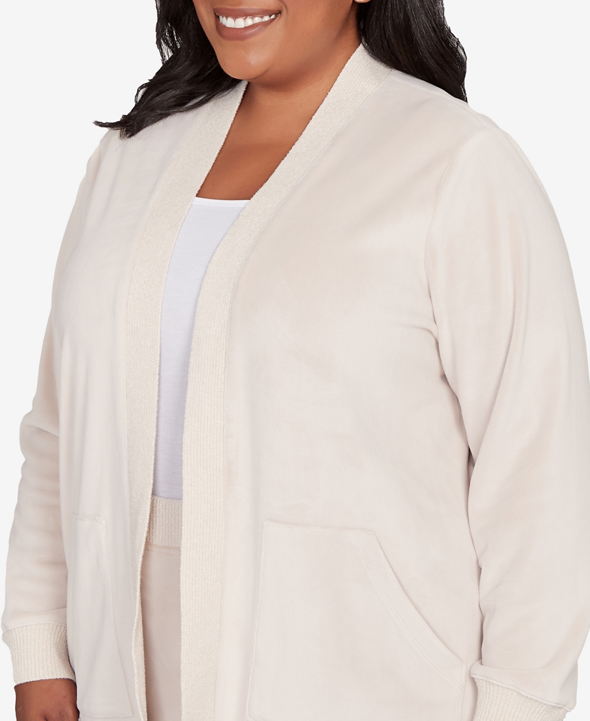 Alfred Dunner Plus Size Calm Luxe Open Front Rib Trim Cardigan In Neutral