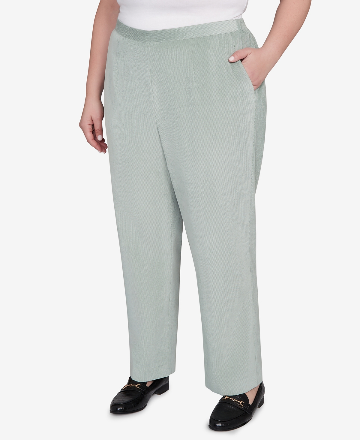 Alfred Dunner Plus Size Stockbridge Pull-on Corduroy Flat Front Average Length Pant In Green