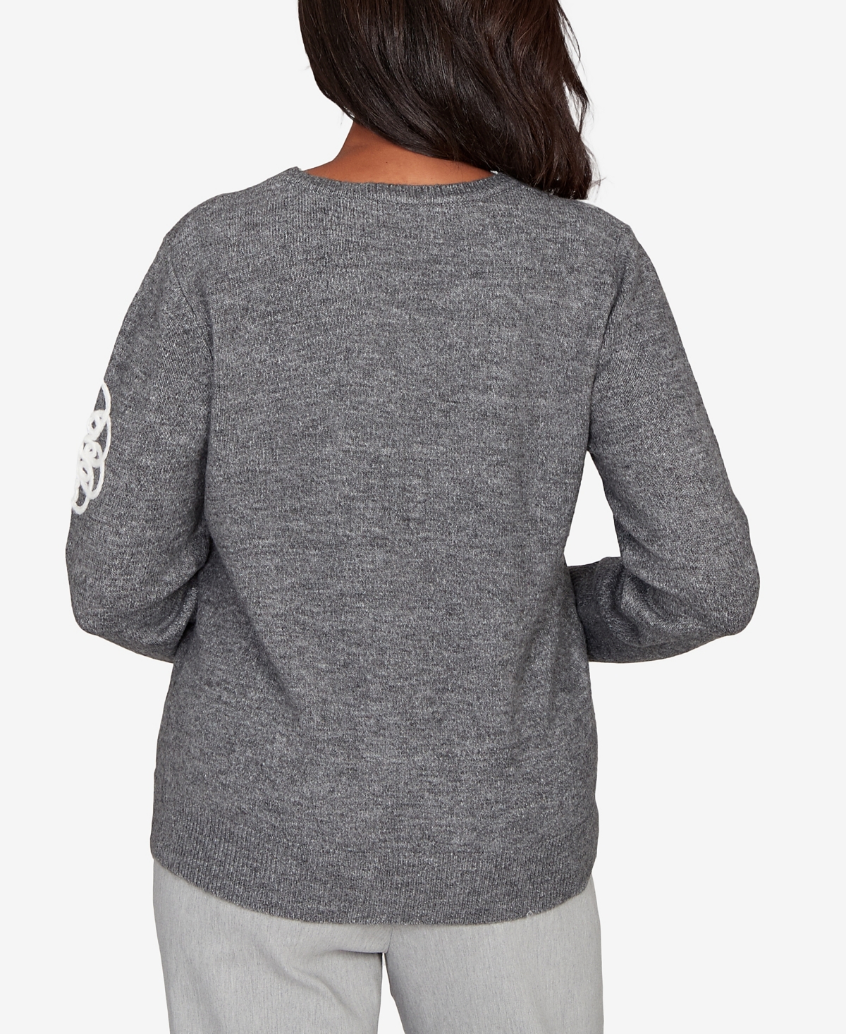 Alfred Dunner Plus Size Stockbridge Ruffle V-neck Floral Soutache Sweater In Gray