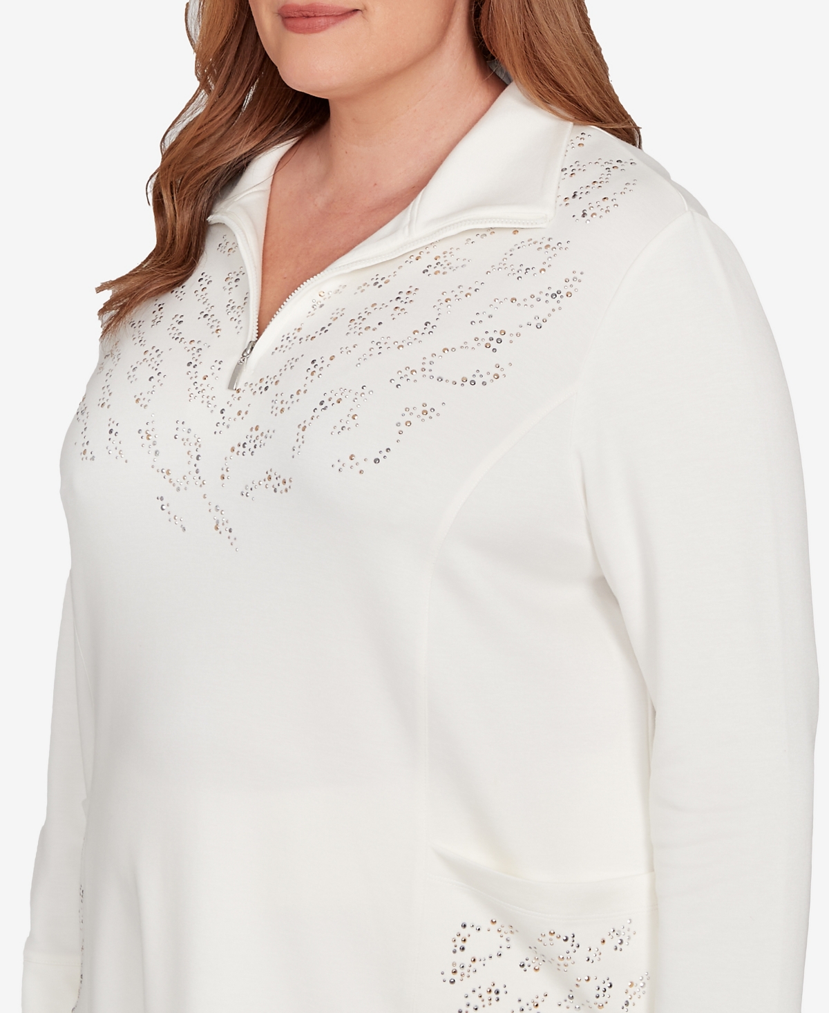 Alfred Dunner Plus Size Vienna Metallic Studded Animal Pattern Knit Top In White