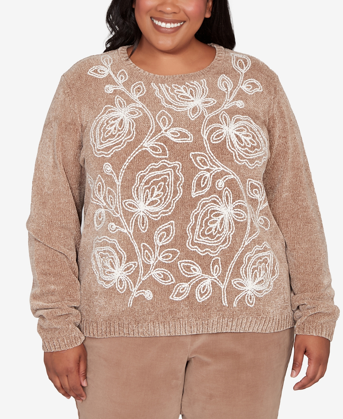 Alfred Dunner Plus Size Vienna Stitched Leaf Detail Chenille Sweater In Brown