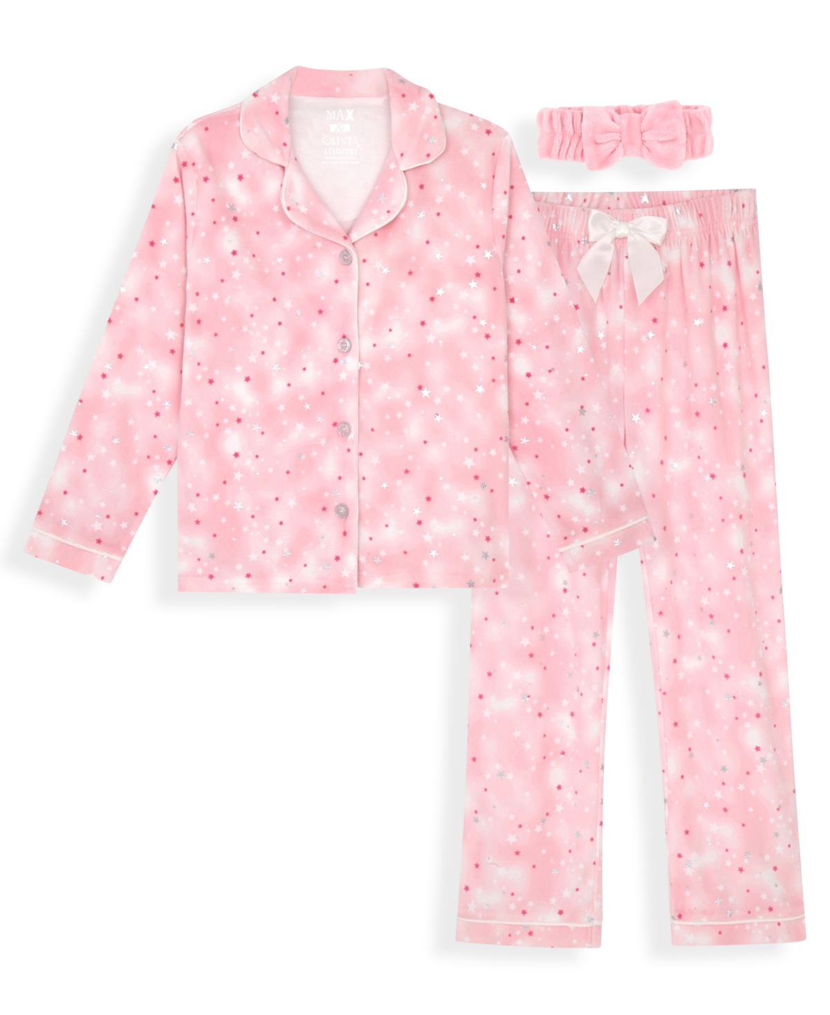 Max & Olivia Girls 7-16 3-piece Soi Foil Velour Pajama Set With Scrunchie In Pink