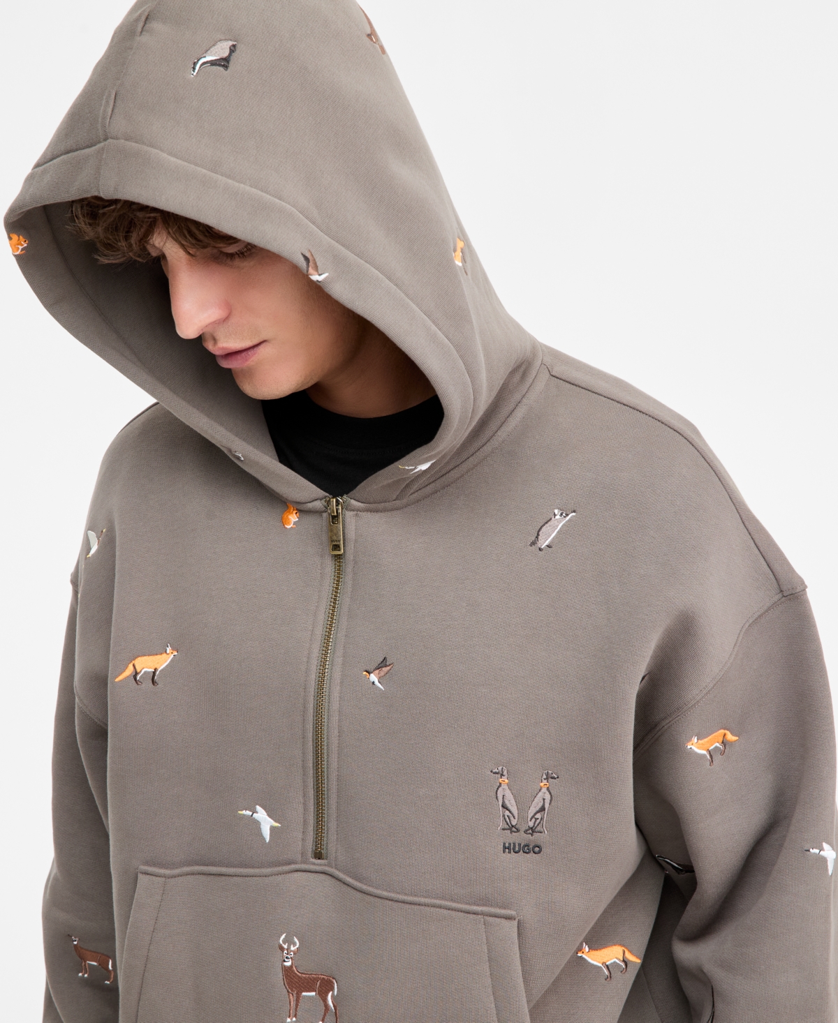 Hugo Boss Men's Dilanora Oversized Embroidered Animals Half-Zip Hoodie