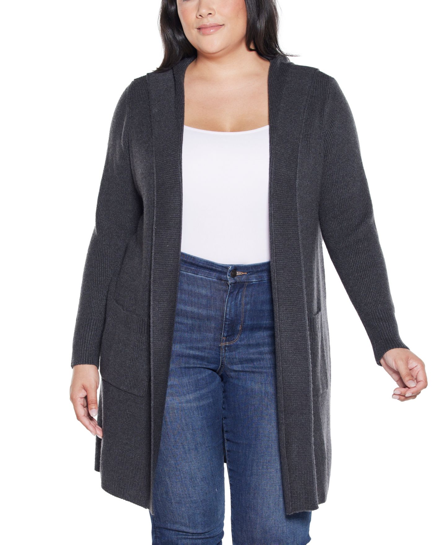 Женский свитер Belldini Plus Size Hooded Novelty-Stitch Coatigan, цвет: Меланжевый угольный — фото 1