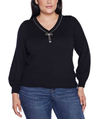 Plus Size  V-Neck Rhinestone-Bow Sweater