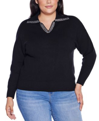 Plus Size  Rhinestone-Trimmed Split-Neck Sweater