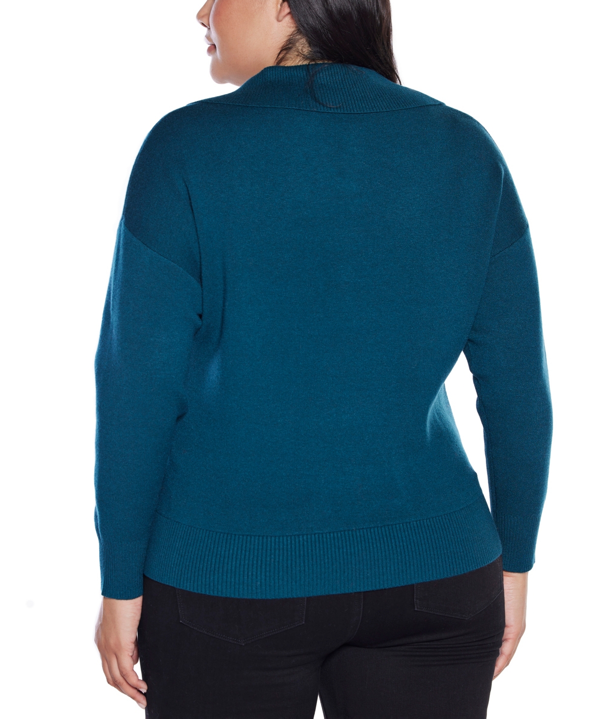 Belldini Plus Size Rhinestone-trimmed Split-neck Sweater In Blue