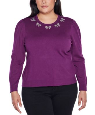 Plus Size  Puff Sleeve Embellished Neckline Sweater