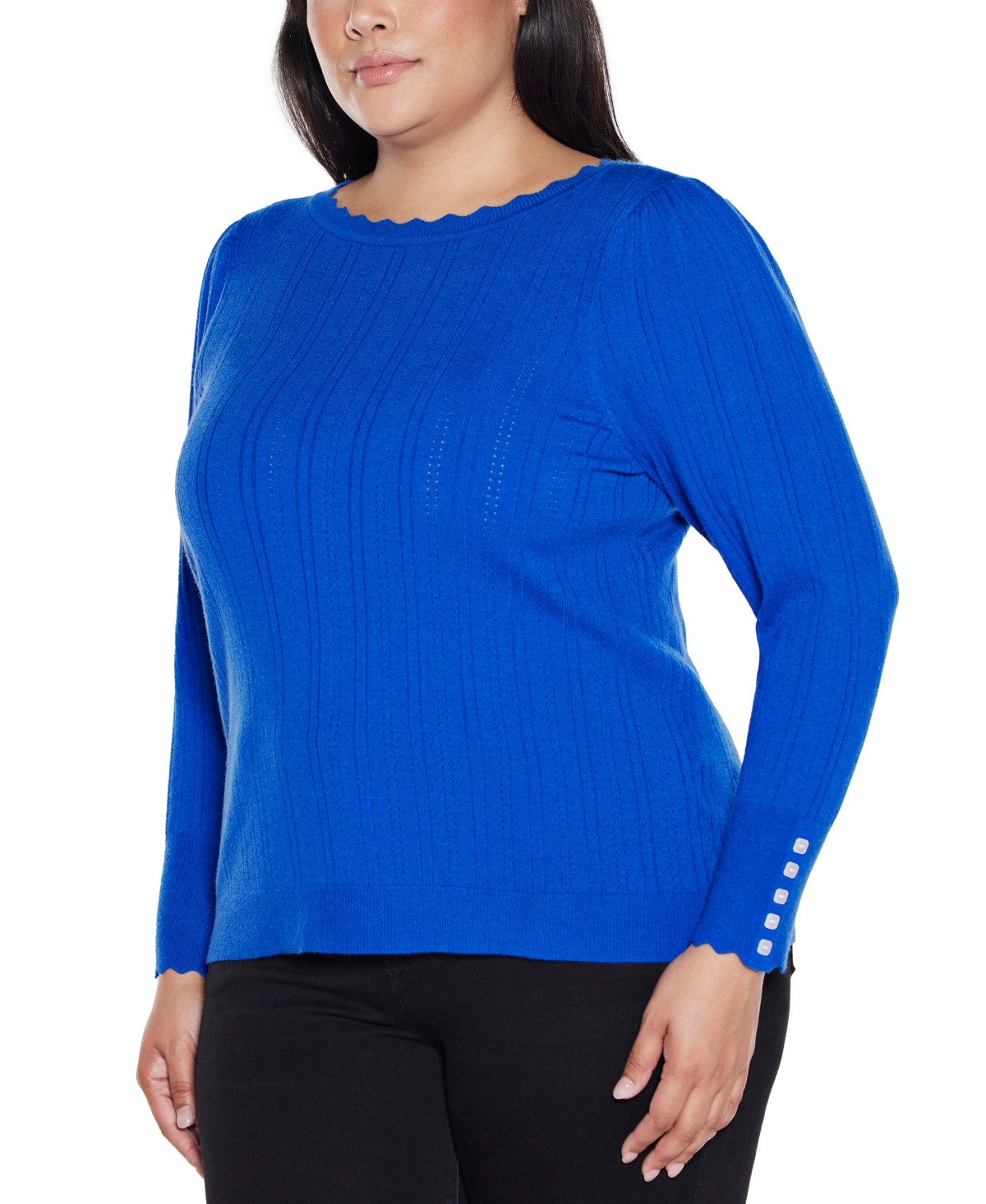 Belldini Plus Size Scalloped-trim Boat Neck Sweater In Blue
