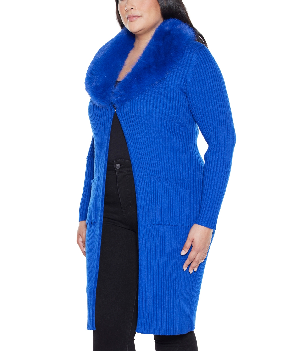 Belldini Plus Size Black Label Ribbed-collar Duster Cardigan Sweater In Blue