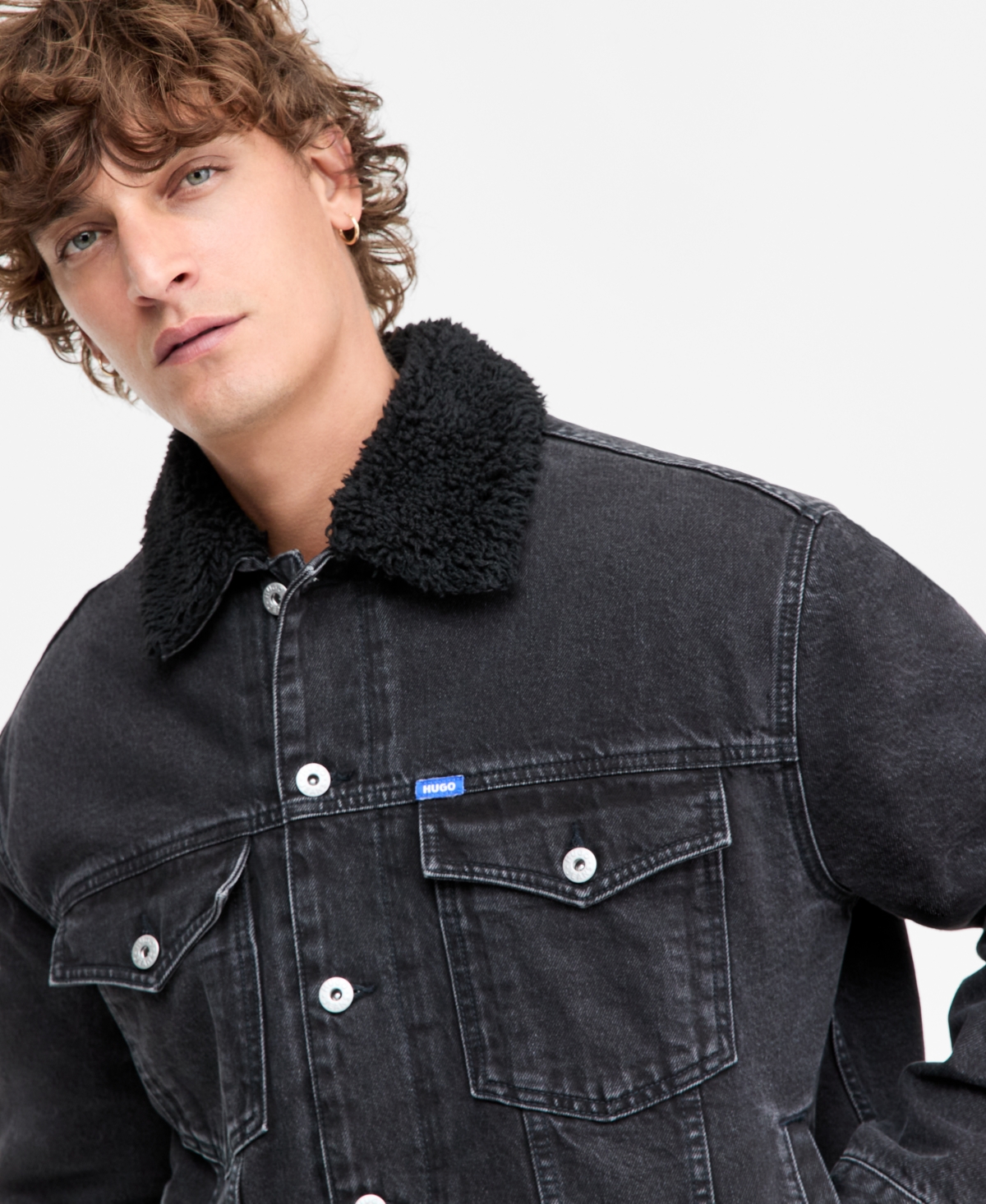 Hugo Boss Dex Stone Wash Denim Trucker Jacket with Fleece Collar