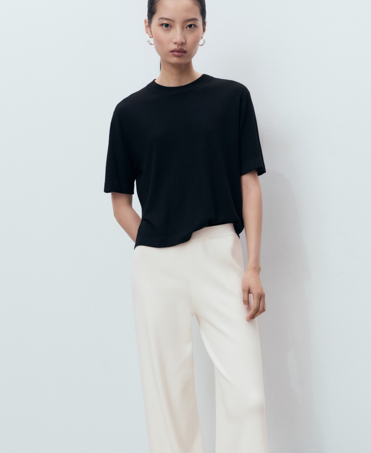 Mango Low Rise Contrast Hem Knit Pants In White