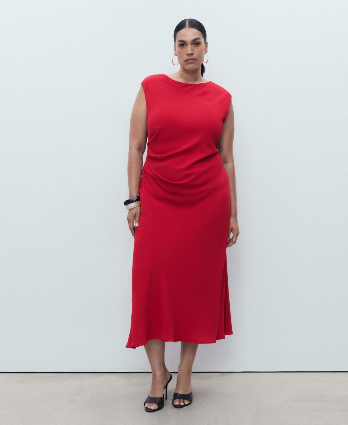 Mango Ruched Sleeveless Midi Dress In Red