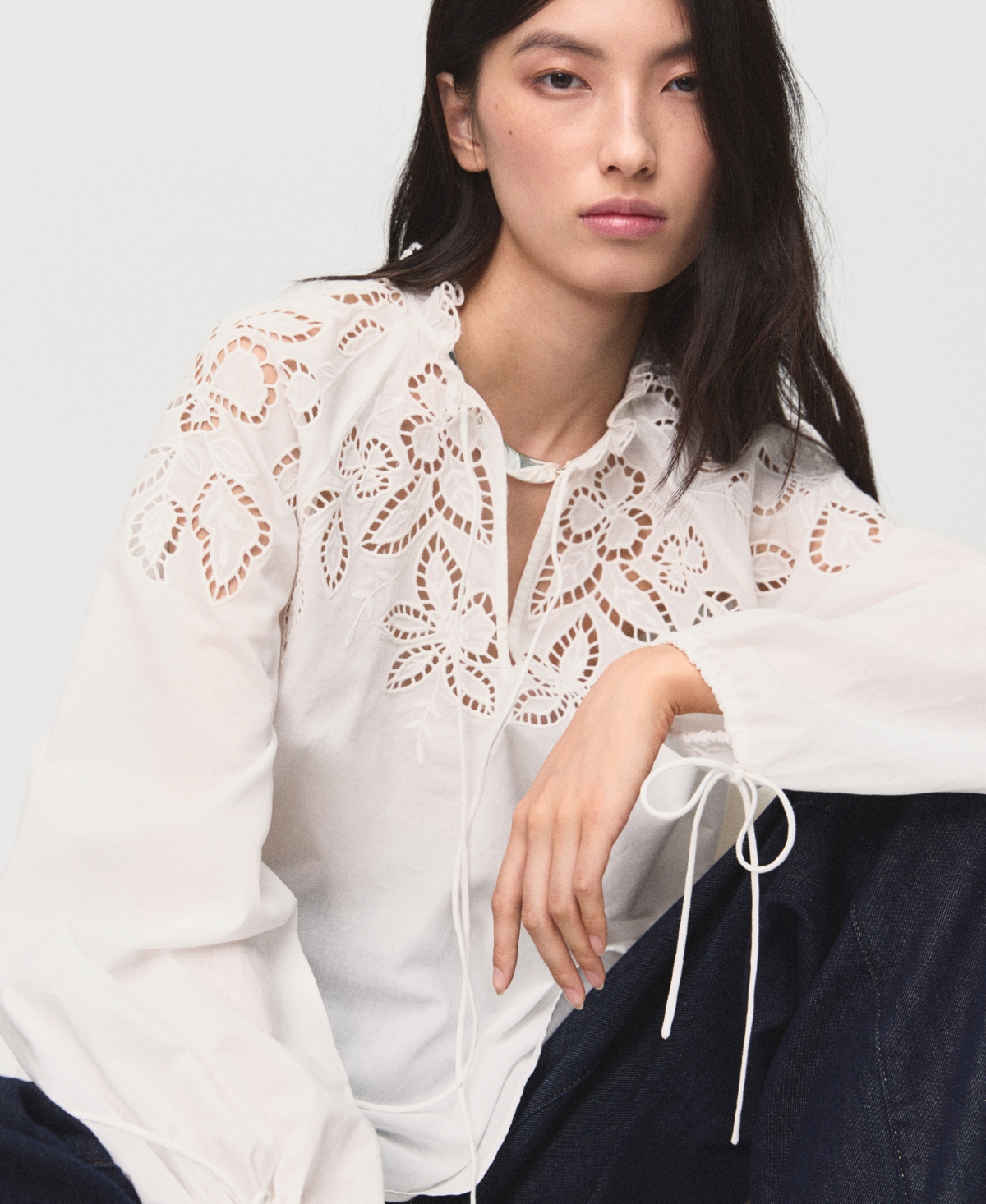 Mango Embroidered Blouse With Bows Ecru In White