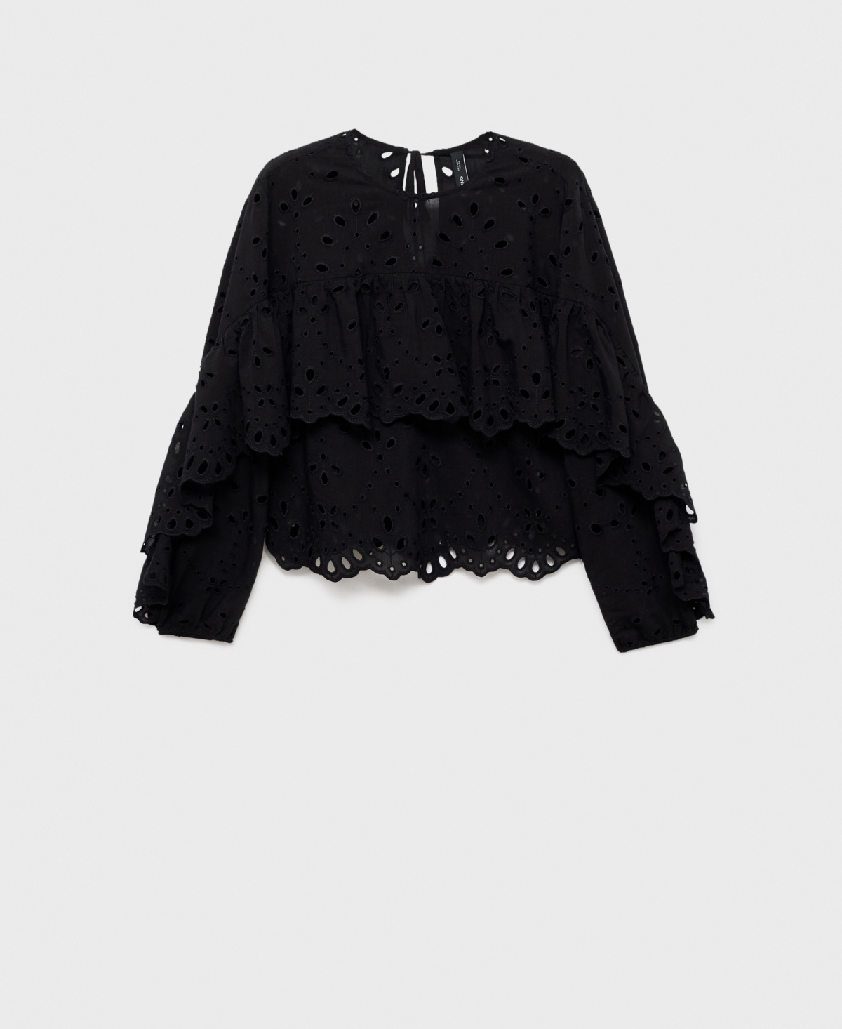 Mango Blouse With Perforated Embroidery And Ruffles Black In Black