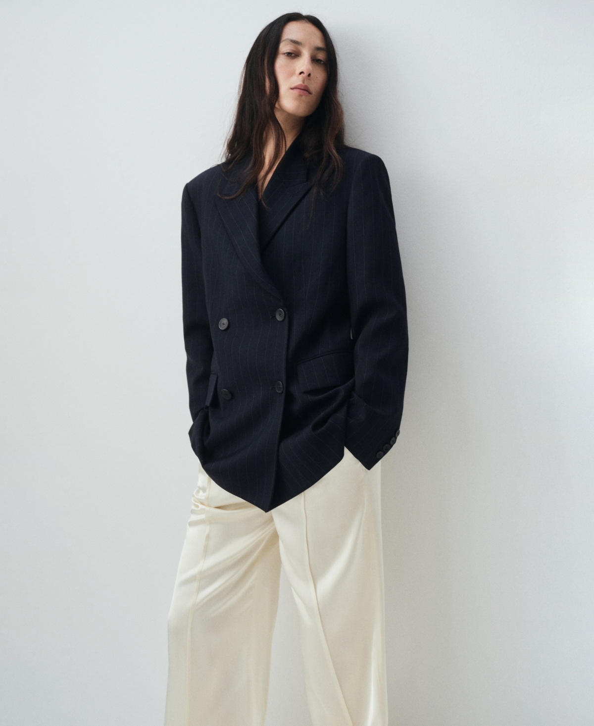 Mango Pinstripe Double Breasted Blazer In Blue