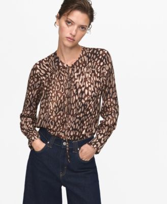 MANGO - Women's Leopard Satin Tie Detail Blouse
