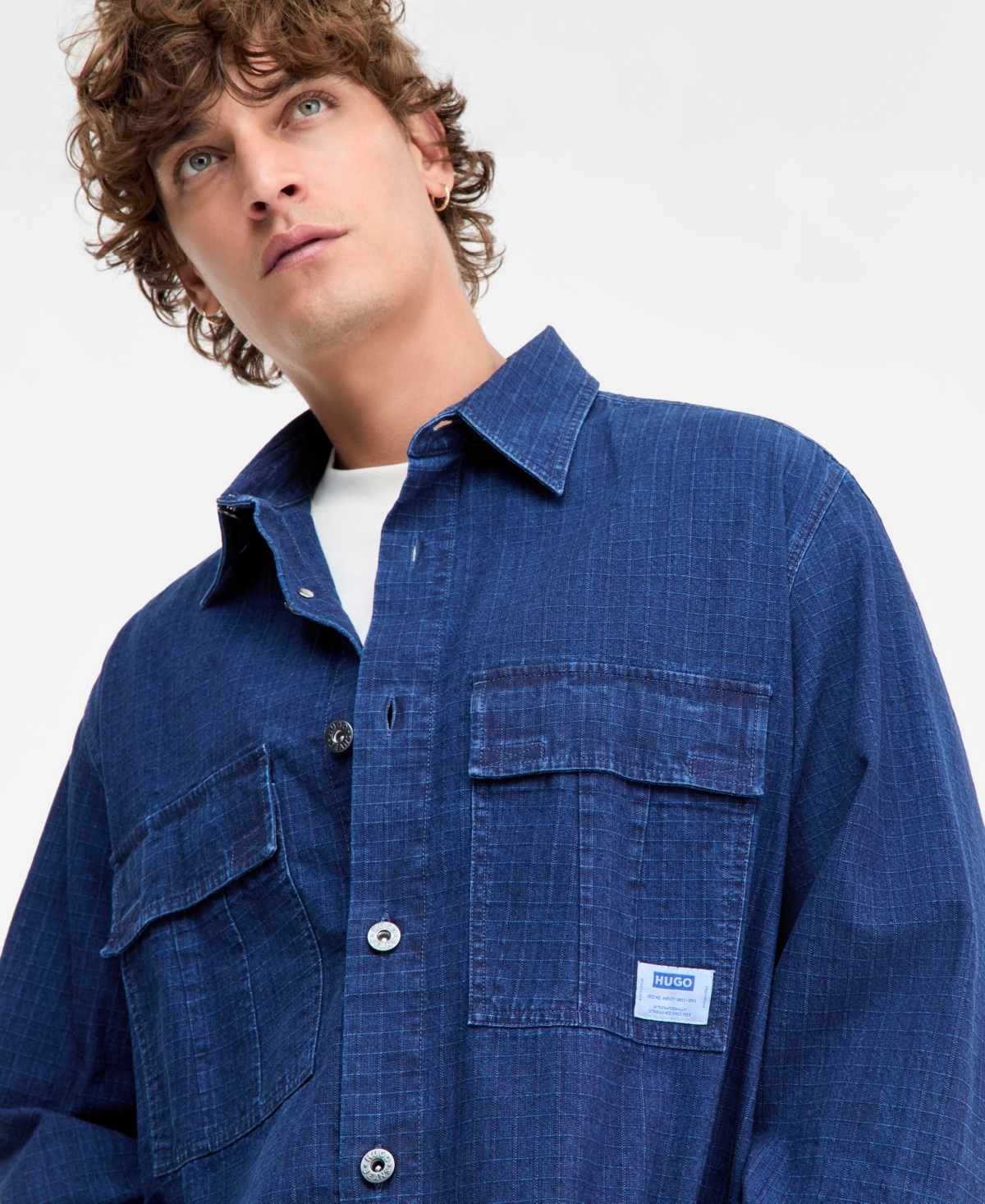 Hugo Boss Ebargo Grid-Pattern Denim Button-Front Shirt Jacket