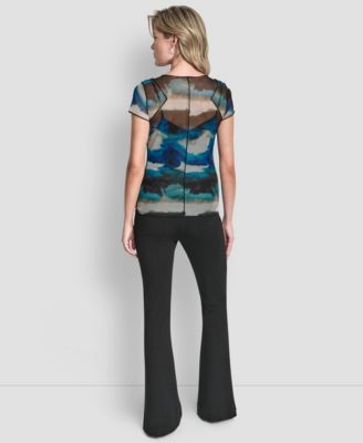 Women's Printed Mesh Xposd Seam Short Sleeve Top