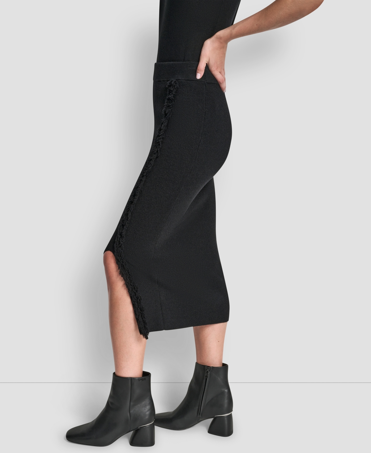 Dkny Women's Fringe Detail Bodycon Midi Sweater Skirt In Black