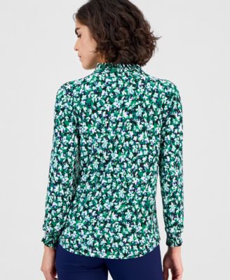 Petite Ruffled-Neck Smocked-Cuff Top