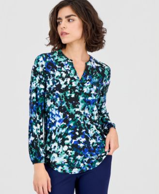 AK Anne Klein - Women's Printed Split-Neck Long-Sleeve Top