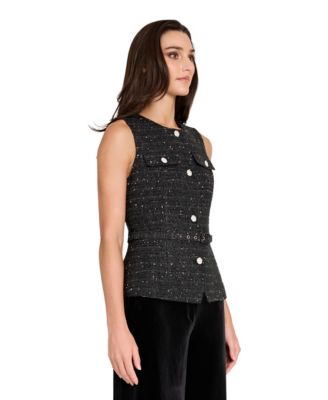 Women's Round Neck Button Front Rhinestone Trim Vest Top