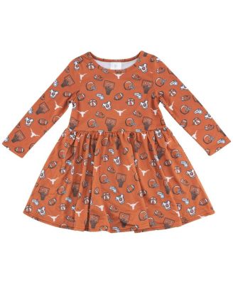 ZooZatz - Girls Toddler Texas Orange Texas Longhorns Allover Print Long Sleeve Dress