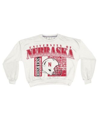 Women's White Nebraska Huskers Oversized Janice Retro Waist-Length Sweatshirt
