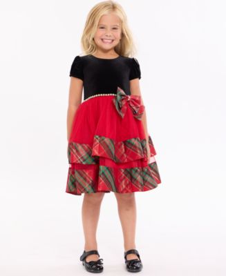 Bonnie Jean Girls 2T-6X Short Sleeve Velvet to Tiered Plaid Dress - Red/Black - 4T