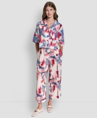 Women's Printed Short Sleeves Convertible Collar Top