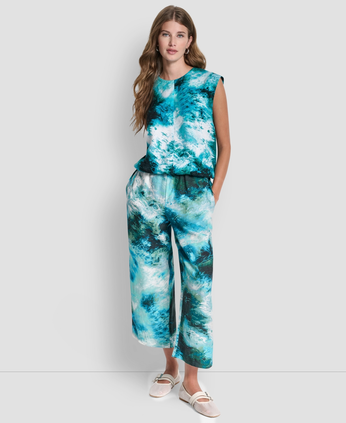 Dkny Women's Printed Drawstring Hem Sleeveless Top