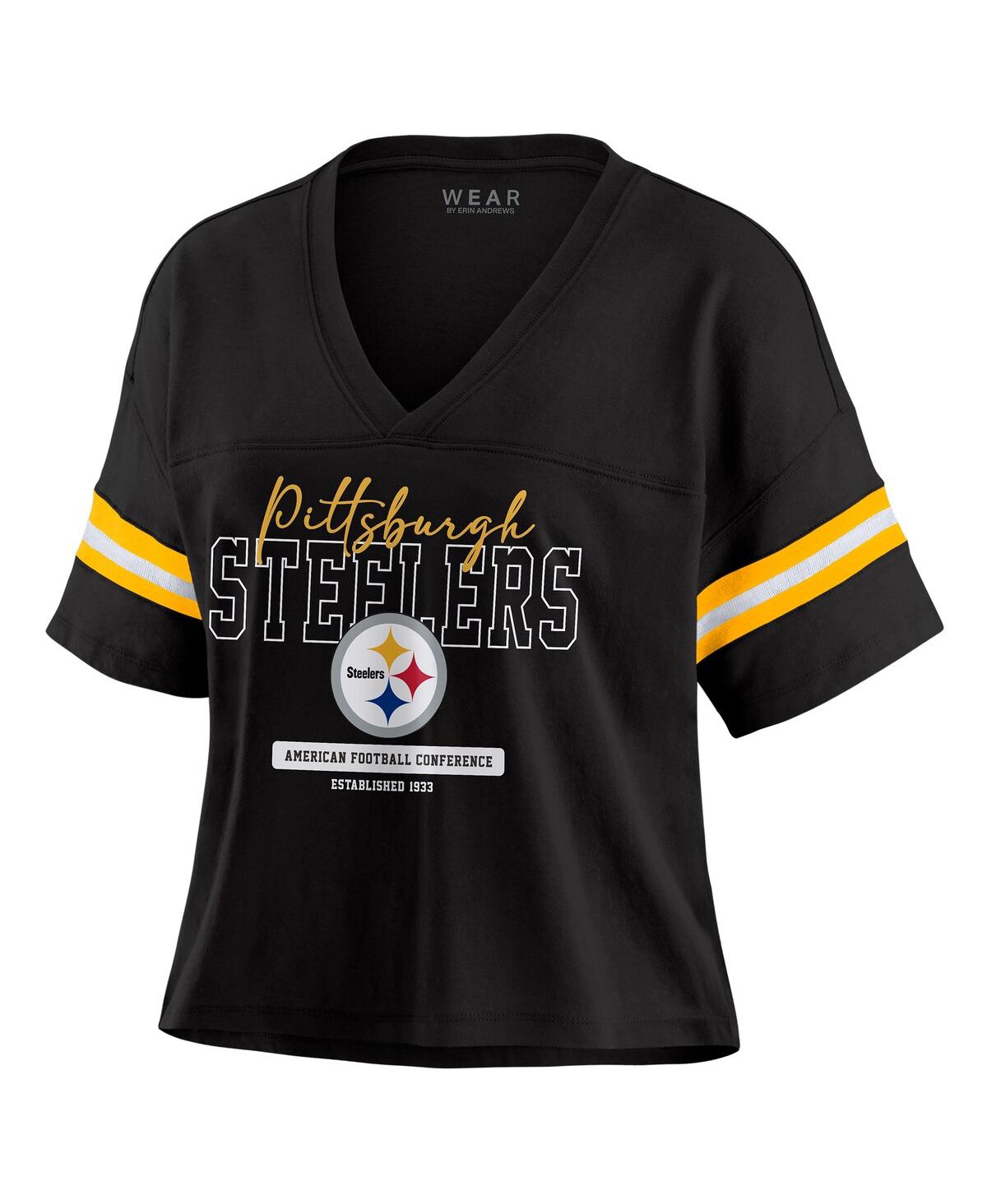 Wear By Erin Andrews Women's Black Pittsburgh Steelers Color Block Boxy Modest Crop V-neck T-shirt In Black