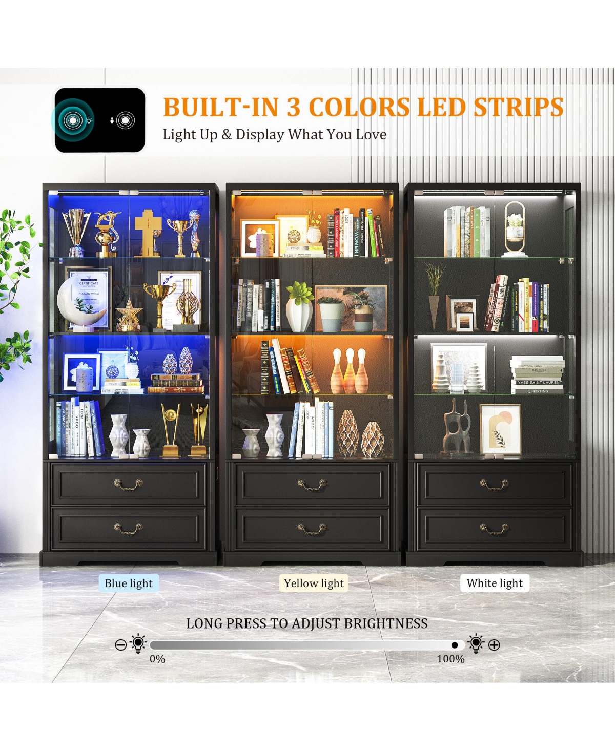 Vlsrka 66" Glass Door Display Cabinet with Motion Sensor Led Light