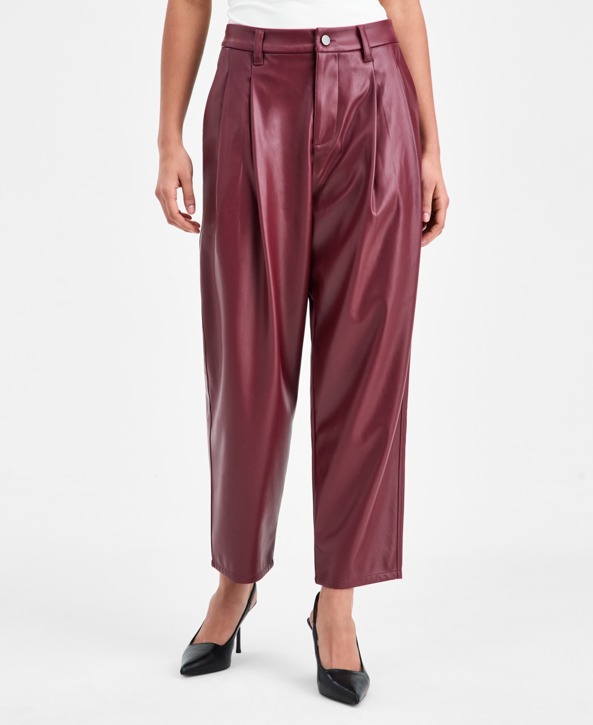 Bar Iii Women's Faux Leather Barrel-leg Pants, Macy's Exclusive In Burgundy