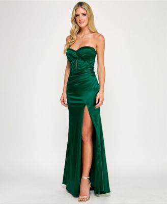 Juniors' Satin Strapless Crisscross Corset Gown with Slit