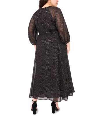 Plus Size V-Neck 3/4-Sleeve Belted Maxi Dress