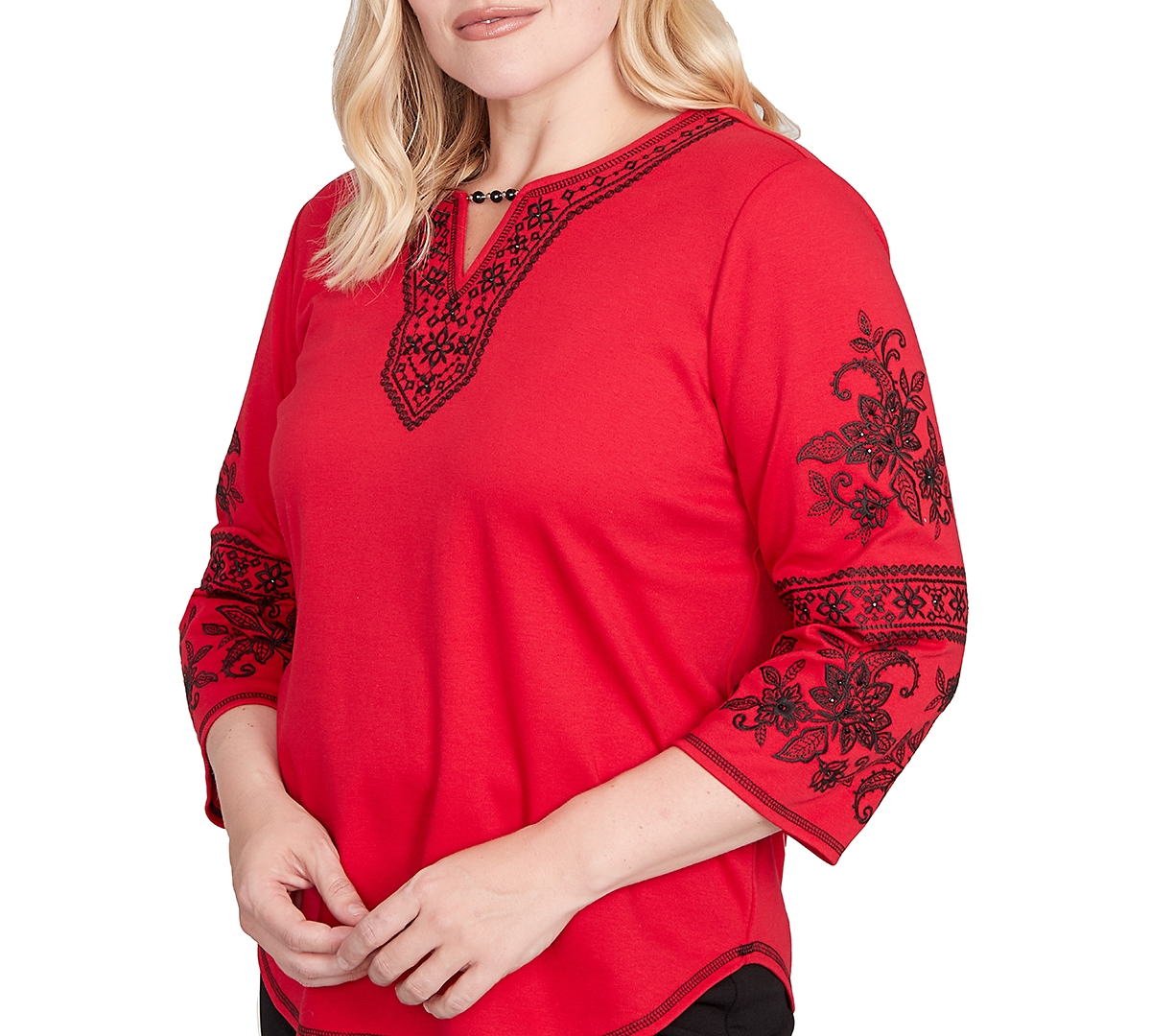 Alfred Dunner Petite Jet Setter Knit Embroidered Sleeve Beaded Split Neck Top In Red