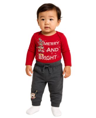 Disney - Baby Boys 2-Piece Mickey Mouse Merry and Bright Bodysuit and Pants Set