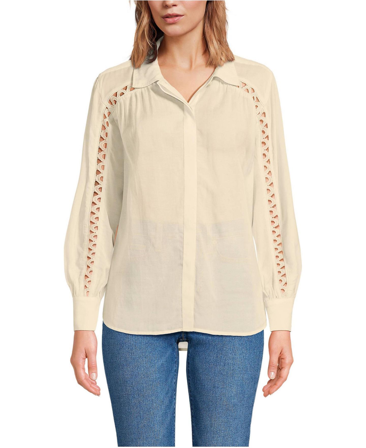 Женская рубашка Lands' End Voile Shirred Trim Insert, цвет: Dried Bamboo — фото 1