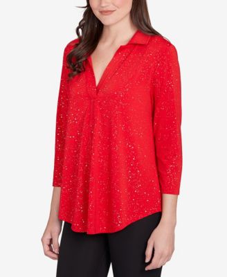 Petite Metallic Dew Drop Shirt Collar Top