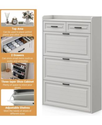 Shoe Storage Cabinet with 3 Flip Drawers and 2 Drawers, Hidden Wood Shoe Cabinet for Entryway, Freestanding Shoes Organizer Cabinet, White