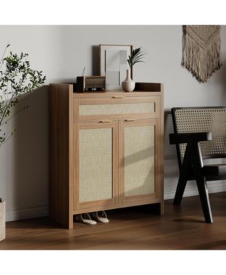 32&amp;#x22; boho rattan shoe cabinet with doors &amp; drawer, adjustable shelf, coffee bar storage, and wooden accent console in brown.