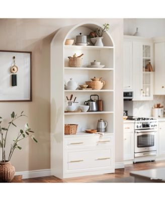 76.8" Tall Arched Kitchen Pantry, 5-Tier Pantry Cabinet with Storage Drawer, Freestanding Wooden Pantry Organizer